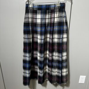 Vintage Clyde Wool Blend Pleated Skirt Women's Blue White Plaid Scotland Size 11